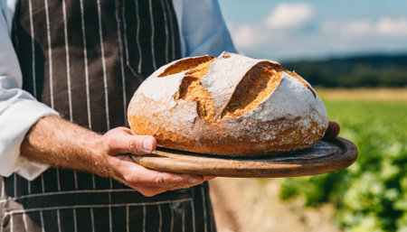 cropped view of farmer holding fresh bread on platter in fieldの素材