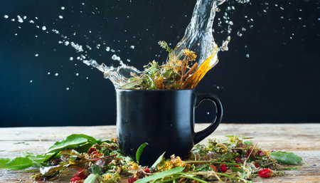 Mug with fresh herbs and splashes of water on wooden tableの素材
