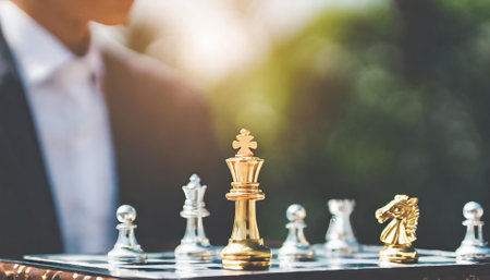 Businessman playing chess game, business strategy and leadership concept idea.の素材