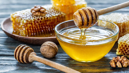 Honey in a wooden bowl, honeycombs and nuts on a wooden backgroundの素材