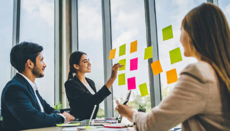 Business people talk project strategy at office meeting room. Businessman discuss project planning with colleague at modern workplace while having conversation and advice on financial data report.の素材