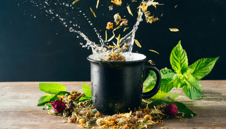Herbal tea with mint and dried flowers on a black background.の素材