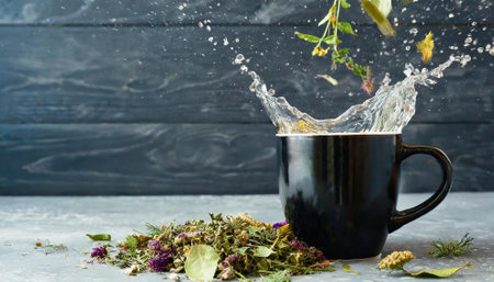 Herbal tea with splashes and drops of water on a dark backgroundの素材