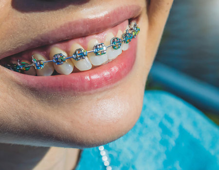 Dental braces on the teeth of a young woman close-upの素材