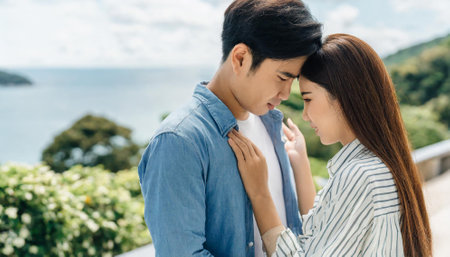 Young asian couple hugging and looking at the sea on the balcony.の素材