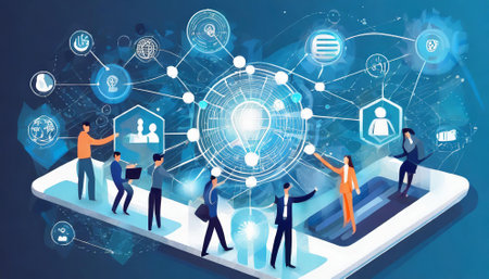Business people using mobile phone with digital icons on blue background 3D renderingの素材