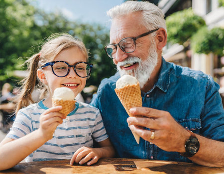 Grandfather and granddaughter eating ice cream on a summer terrace.の素材