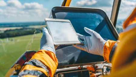Close-up of the hands of a worker using a tablet on a construction siteの素材