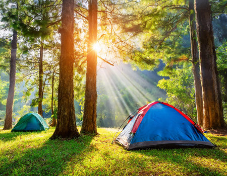Camping tent in the pine forest with sunbeams and lens flareの素材
