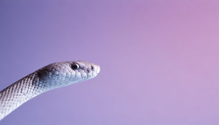 Close up of the head of a snake on a purple background.の素材