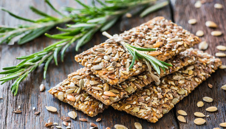 Healthy cereal bars with sunflower seeds and rosemary on wooden backgroundの素材