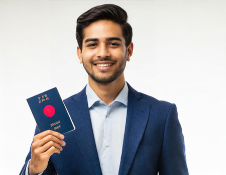 Young indian man showing his passport, isolated on white background.の素材