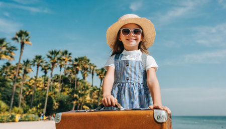 happy little girl in sunglasses and straw hat with vintage suitcase on beachの素材