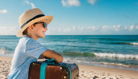 Cute little boy with suitcase on the beach. Vacation conceptの素材