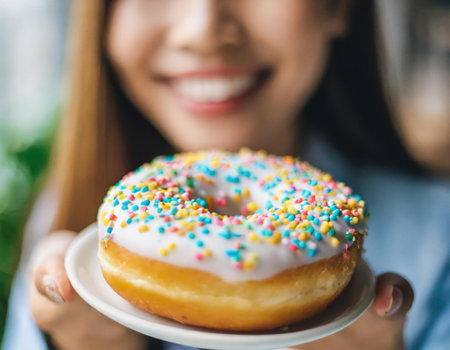 Close up of smiling woman holding donut with colorful sprinkles.の素材