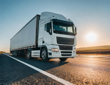 Truck on the road at sunset. Freight transportation and logisticsの素材