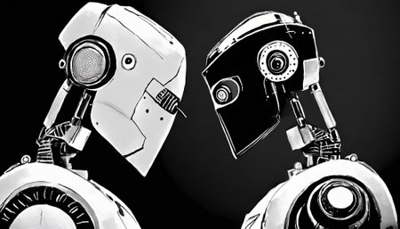 two robots on black background, close-up, monochromeの素材
