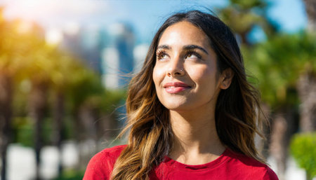 Portrait of beautiful latin woman with long brown hair in the cityの素材