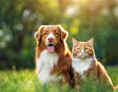 dog and cat together in the garden. Nova Scotia Duck Tolling Retrieverの素材