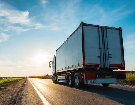 Truck on the road at sunset. Transportation and logistics concept.の素材