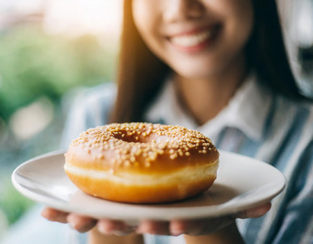 Close-up image of a beautiful young woman holding a donutの素材