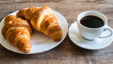 Coffee and croissant on wooden table, stock photoの素材