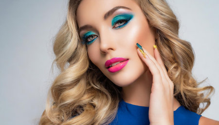 Portrait of beautiful young blonde woman with bright makeup and manicureの素材