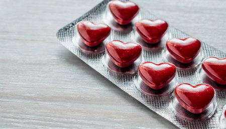 Red heart shape pills in blister pack on wooden background. Copy space.の素材