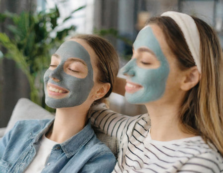 Two young women with facial masks on their faces relaxing at home.の素材