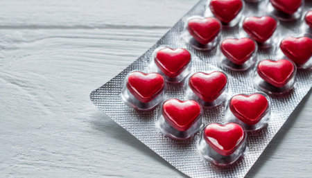 Red heart shape pills in blister pack on white wooden background, top view.の素材