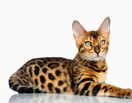 Bengal cat isolated on white background. Looking at camera.の素材