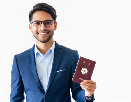 Young indian business man holding passport and smiling at camera, isolated on white backgroundの素材