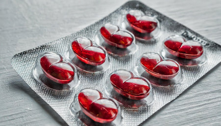Red heart-shaped pills in blister pack on light wooden background.の素材