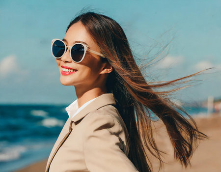 Portrait of a beautiful young woman in sunglasses on the beach.の素材