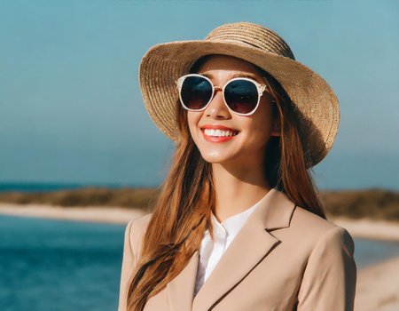 Portrait of a smiling young woman in sunglasses and hat on the beach.の素材