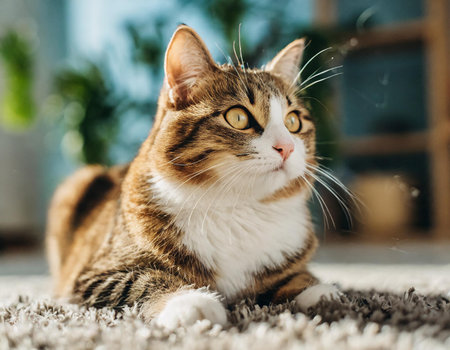 cute cat lying on carpet and looking at camera in living roomの素材