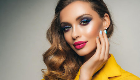 Portrait of beautiful young woman with bright makeup and manicure.の素材