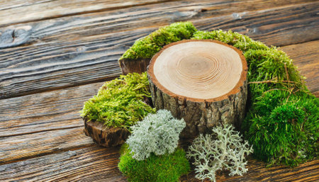 Wooden background with green moss and tree stump, selective focus.の素材