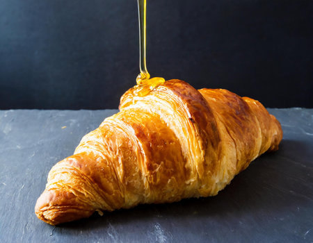 Freshly baked croissant with honey on a black background.の素材