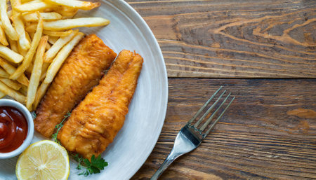 Fish and chips on a wooden table. Top view with copy spaceの素材