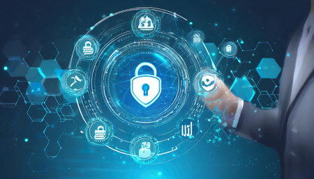 Cyber security data protection business technology privacy concept. Young businessman select the icon security on the virtual display.の素材