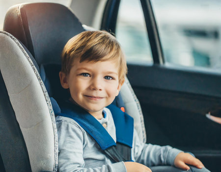 Little boy sitting in car seat and smiling. Child safety concept.の素材