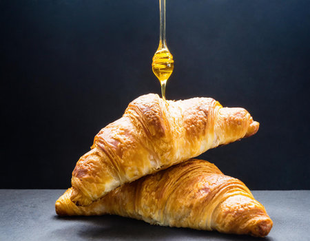 Fresh croissant with honey on black background. French breakfast.の素材