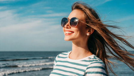 Portrait of a beautiful young woman in sunglasses on the beach.の素材