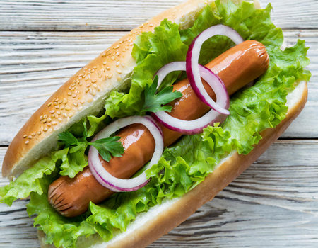 Homemade hot dog with sausage, lettuce and onion on wooden backgroundの素材