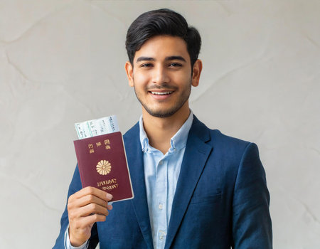 Young indian business man holding passport and boarding pass on white backgroundの素材