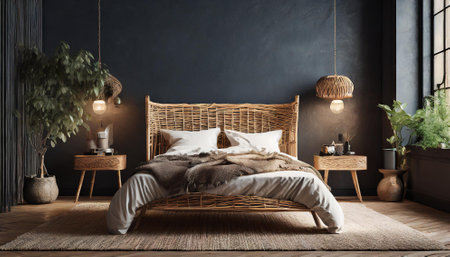 Bedroom interior with rattan wicker bed, lamp and plantsの素材