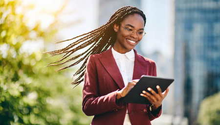 Portrait of a smiling african american businesswoman using digital tablet outdoorsの素材