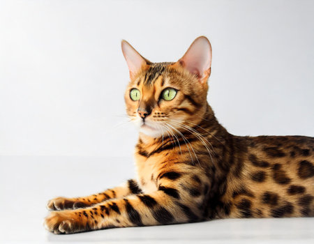 Bengal cat with green eyes on white background. Studio shot.の素材