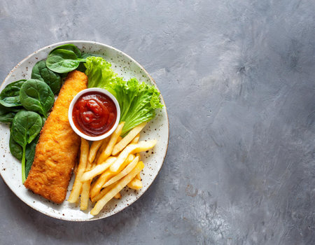 Fried fish fillet with french fries, spinach and ketchupの素材